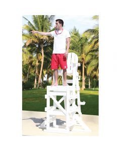 Lifeguard Standing on White TLG 650 Everondack® ProSeries™ Tall Lifeguard Chair with Side Step With Trees in Background