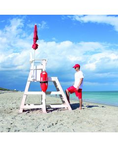 Lifeguard Red and White TLG 655 Everondack® ProSeries™ Tall Lifeguard Chair with Front Ladder With Red Umbrella on the Beach