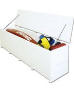 White 8 ft. Everondack Storage Box Without Wheels With Lid Open and Filled With Items